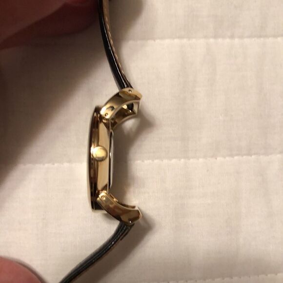 AK Gold Tone Rhinestone Wrist Watch Black Genuine Leather Strap main image 5
